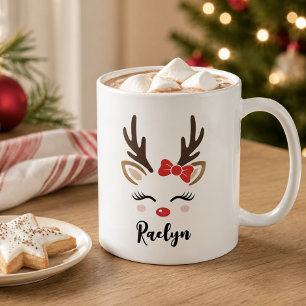Mädchenhaftes Rentier Gesicht Rote Schleife Benutz Kaffeetasse