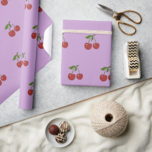 Mädchenhaftes Retro-Pastell-Lila-Rotes Kirschen-Fr Geschenkpapier