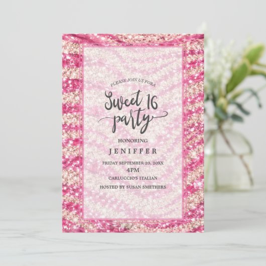 Mädchenhaftes Rosa Errötungs-Glitter-Zebra-Muster Einladung (Stehend Vorderseite)