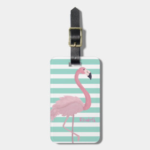 Mädchenhaftes Rosa Flamingo auf Minzgrün-Weiß-Stre Gepäckanhänger