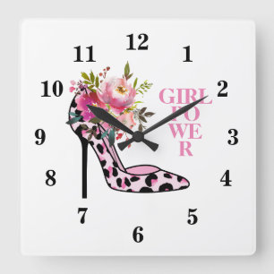 Mädchenhaftes Rosa Floral und High Heels Quadratische Wanduhr