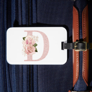 Mädchenhaftes Rosa Gold Glitter Blumen Monogramm D Gepäckanhänger