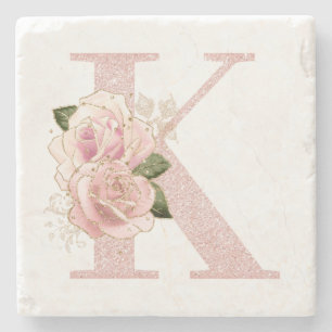Mädchenhaftes Rosa Gold Glitter Blumenmonogramm K Steinuntersetzer