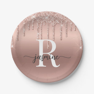 Mädchenhaftes Rosa Gold Glitter Tröpfchen Monogram Pappteller