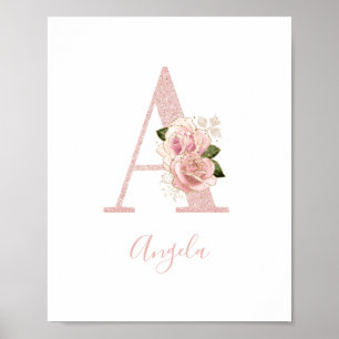 Mädchenhaftes, rosa goldenes Glitter-Blumen-Monogr Poster