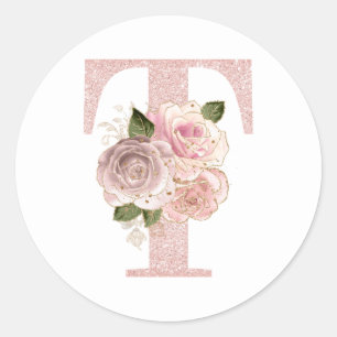 Mädchenhaftes, rosa goldenes Glitter-Blumen-T-Mono Runder Aufkleber