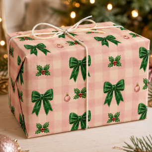 Mädchenhaftes Rosa Grün Gingham-Weihnachtsbogen-Mu Geschenkpapier