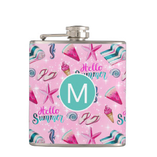 Mädchenhaftes rosa Sommer-Wasserfarben-Monogramm-M Flachmann