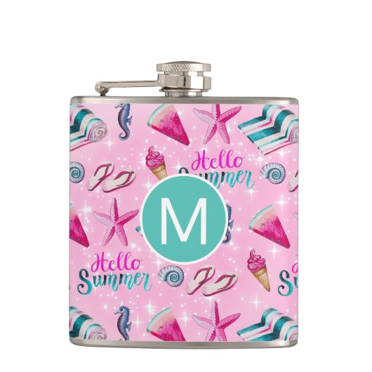 Mädchenhaftes rosa Sommer-Wasserfarben-Monogramm-M Flachmann (Vorderseite)
