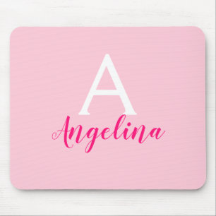 Mädchenhaftes Rosa, Weiß & Hellrosa Monogramm Name Mousepad