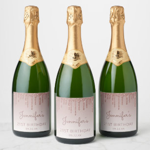 Mädchenhaftes Roségold-Glitter-Drip 21. Geburtstag Schaumweinetikett