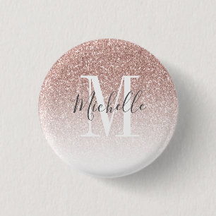 Mädchenhaftes Roségold Glitter Monogramm Name Blus Button