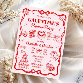Mädchenhaftes rotes Galentine-Schlafanzug-Party Einladung