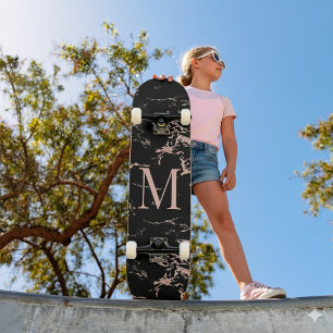 Mädchenhaftes schwarzes Marmor-Roségold-Folien-Mon Skateboard