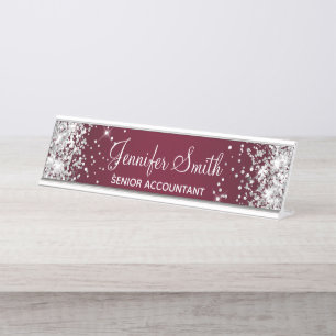 Mädchenhaftes Silber Glitter Burgunder Gradient Schreibtischnamensplakette