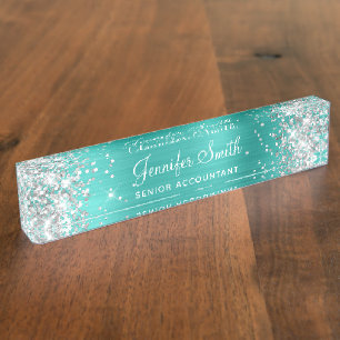 Mädchenhaftes Silber Glitter Helles Türkis Folie Namensplakette