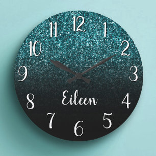 Mädchenhaftes Teal-Glitter-Black-Ombre Große Wanduhr