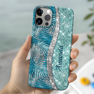 Mädchenhaftes Türkis Grün Silber Glitter Blätter M Case-Mate iPhone 14 Hülle