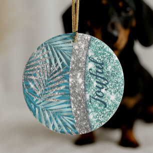 Mädchenhaftes Türkis Grün Silber Glitter Blätter M Keramik Ornament