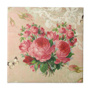Mädchenhaftes Vintage-Rosen-Herz-Collage Fliese