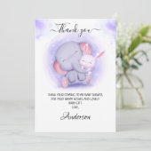Mädchenlephant und Baby-Kaninchen-Babydusche Dankeskarte (Stehend Vorderseite)
