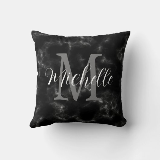 Mädchenmarmor Schwarz-Weiß-Monogramm und Name Kissen (Rückseite)