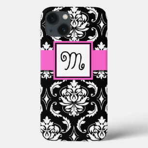 MÄDCHENMONOGRAM, PINK, SCHWARZES DAMASKPATTER Case-Mate iPhone HÜLLE