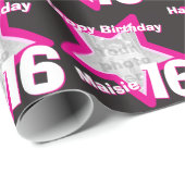 Mädchenname 16 Geburtstag Foto Schwarz-Rosa-Sterne Geschenkpapier (Rolleneckpunkt)