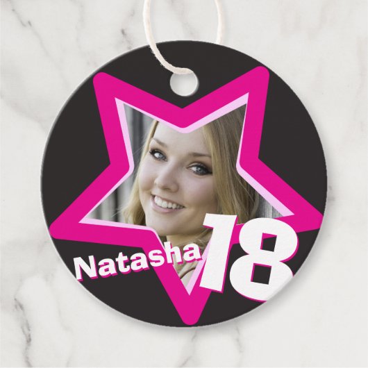Mädchenname 18 Foto schwarz-rosa Sternmuster Geschenkanhänger (Vorderseite)