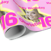 Mädchenname Foto 16. Geburtstag pink & gelb Stern Geschenkpapier (Rolleneckpunkt)