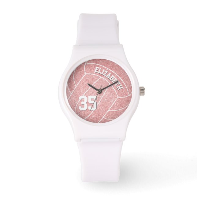Mädchenname Jersey Nummer sporty pink volleyball Armbanduhr (Vorderseite)