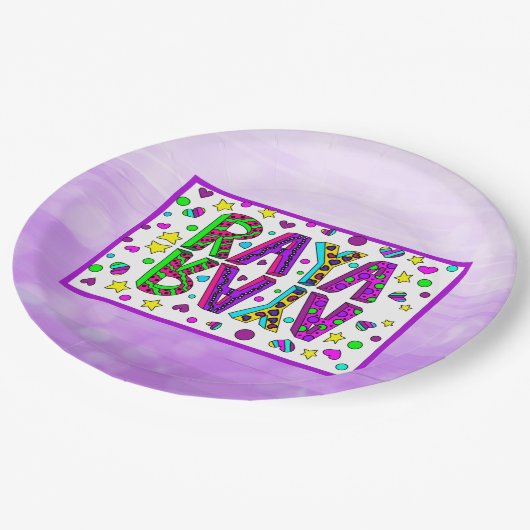 Mädchenname Raya mit Sternen und Herz Whimsical Pappteller (Schrägansicht)