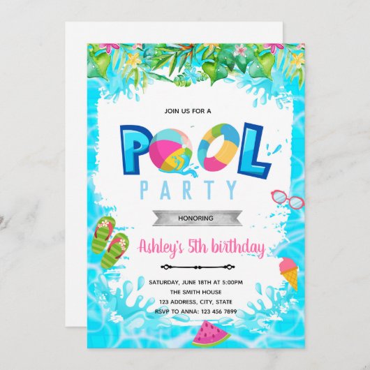 Mädchenpool - Einladung zum Geburtstag (Vorne/Hinten)