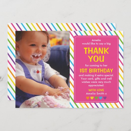 Mädchenregenbogengeburtstag danken Ihnen zu Dankeskarte (Vorne/Hinten)