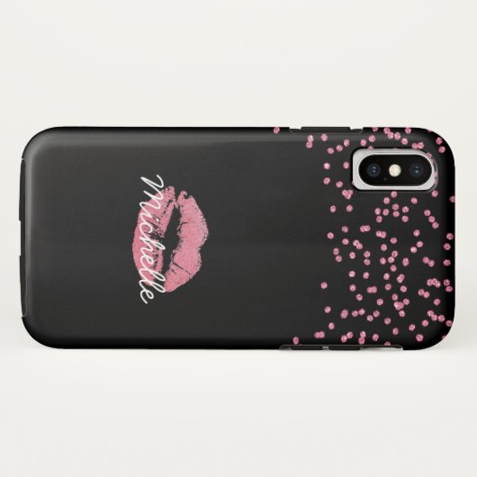 Mädchenrosa Glitzer Lippen Monogramm Name Case-Mate iPhone Hülle (Rückseite (Horizontal))