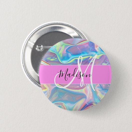 Mädchenrosa Holografisch Iridescent Monogram Name Button (Vorne & Hinten)