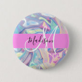 Mädchenrosa Holografisch Iridescent Monogram Name Button (Vorderseite)