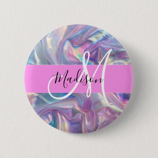 Mädchenrosa Holografisch Iridescent Monogram Name Button (Vorderseite)