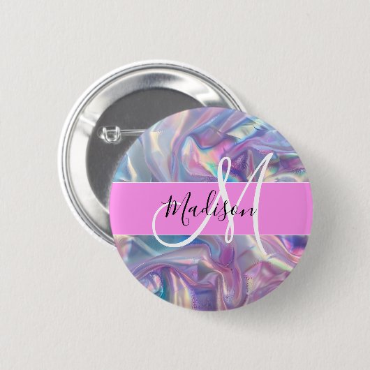 Mädchenrosa Holografisch Iridescent Monogram Name Button (Vorne & Hinten)