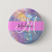 Mädchenrosa Holografisch Iridescent Monogram Name Button (Vorderseite)