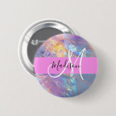 Mädchenrosa Holografisch Iridescent Monogram Name Button (Vorne & Hinten)