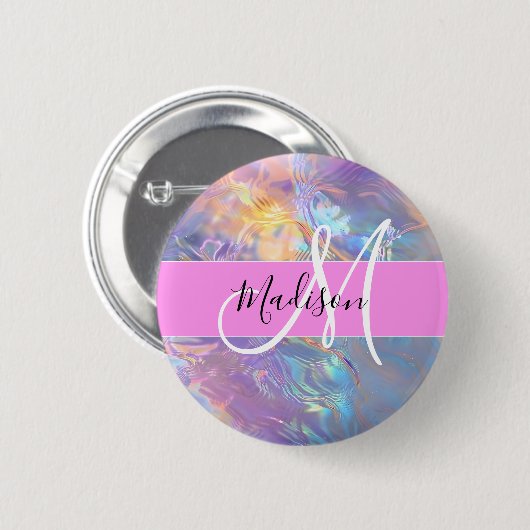 Mädchenrosa Holografisch Iridescent Monogram Name Button (Vorne & Hinten)