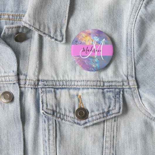 Mädchenrosa Holografisch Iridescent Monogram Name Button (Beispiel)