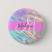 Mädchenrosa Holografisch Iridescent Monogram Name Button (Vorderseite)