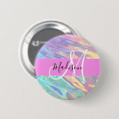Mädchenrosa Holografisch Iridescent Monogram Name Button (Vorne & Hinten)