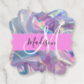 Mädchenrosa Holografisch Iridescent Monogram Name Geschenkanhänger (Rückseite)