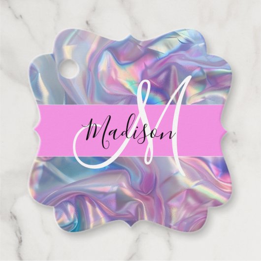 Mädchenrosa Holografisch Iridescent Monogram Name Geschenkanhänger (Vorderseite)