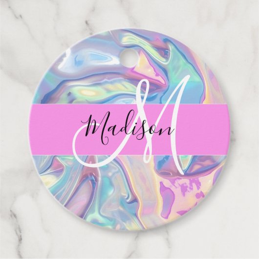 Mädchenrosa Holografisch Iridescent Monogram Name Geschenkanhänger (Vorderseite)