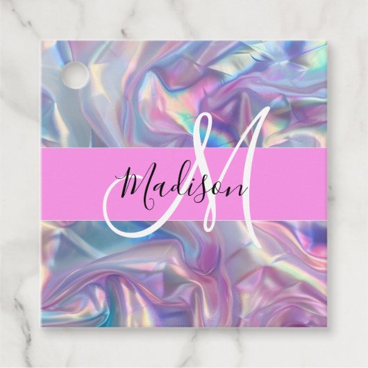 Mädchenrosa Holografisch Iridescent Monogram Name Geschenkanhänger (Vorderseite)