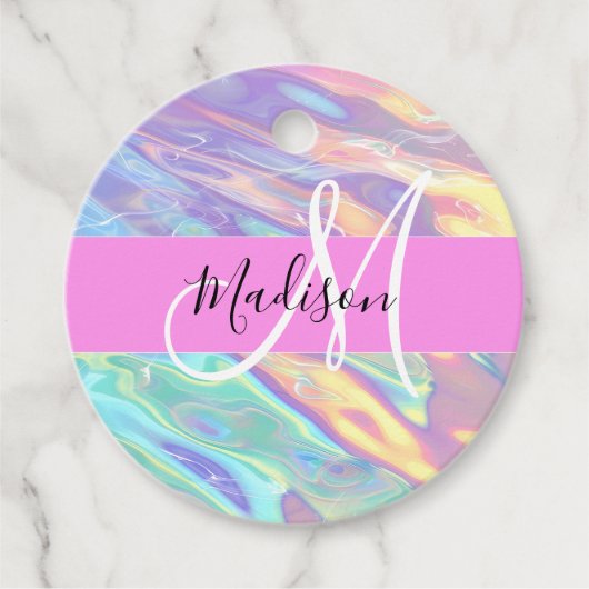 Mädchenrosa Holografisch Iridescent Monogram Name Geschenkanhänger (Vorderseite)